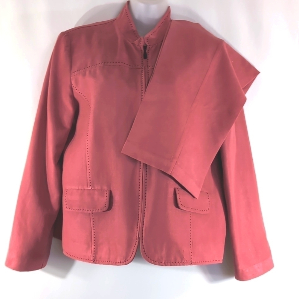Alfred Dunner Pantsuit Faux Pink Suede Jacket Size 14P Matching Pants Size 12P
